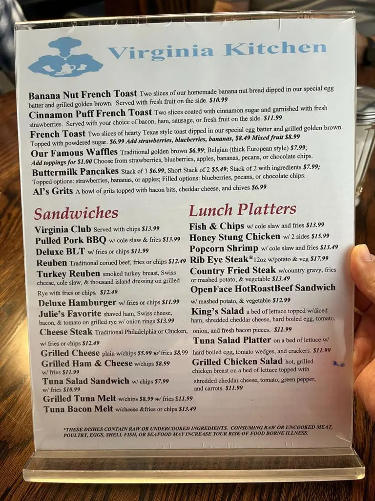 Virginia Kitchen Menu back