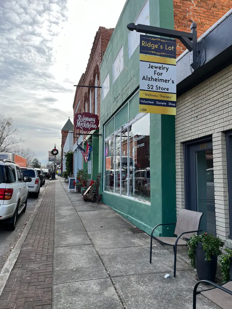 The sidewalk of Ridgeway's main street