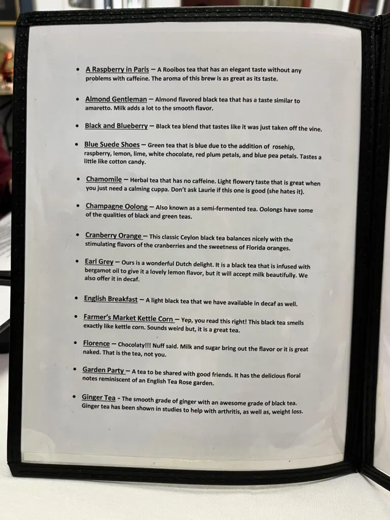 Top Hat Special Teas tea menu page 1