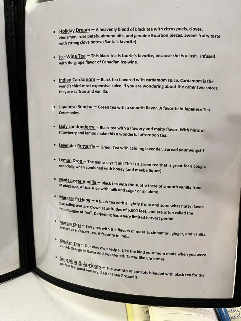 Top Hat Special Teas tea menu