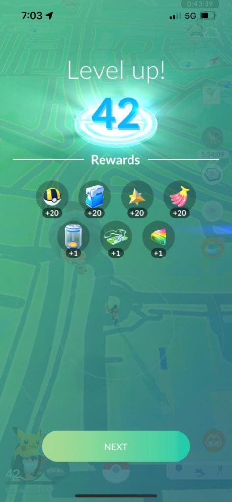 Level Up 42 screen with rewards
