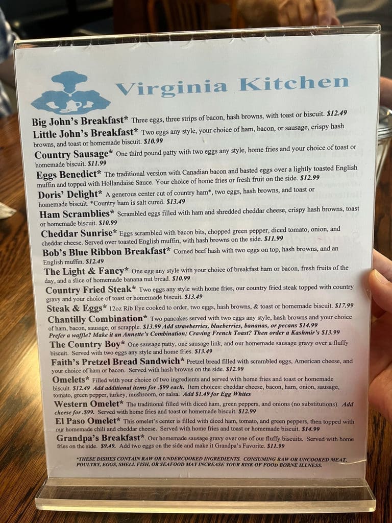 Virginia Kitchen Menu Front