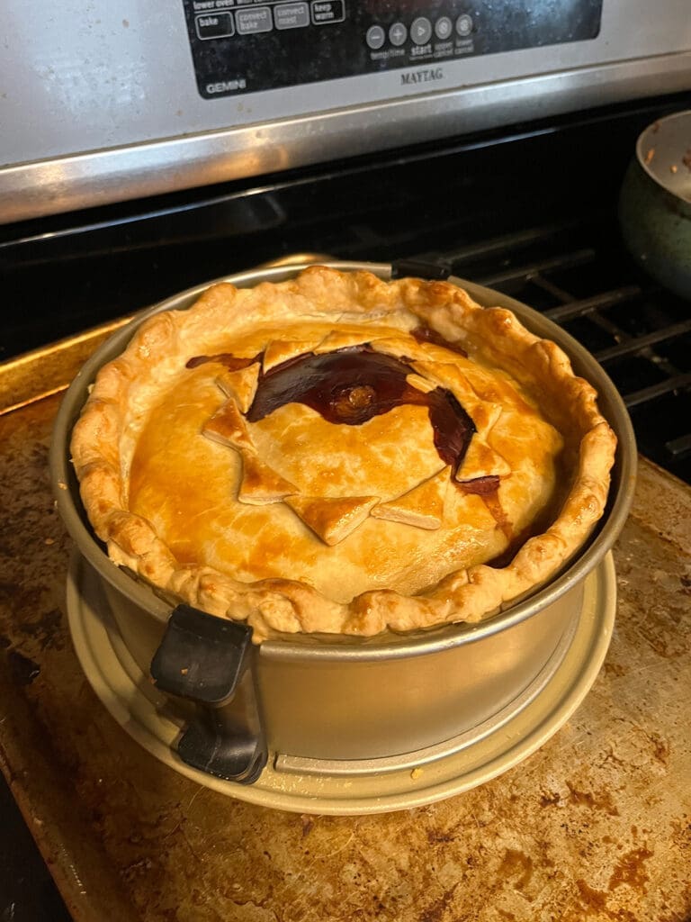 Raised game pie cooling on stove