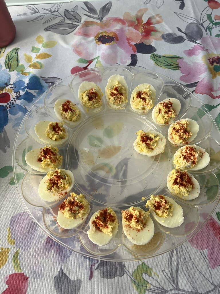 Thanksgiving Deviled Eggs appetizer in dish