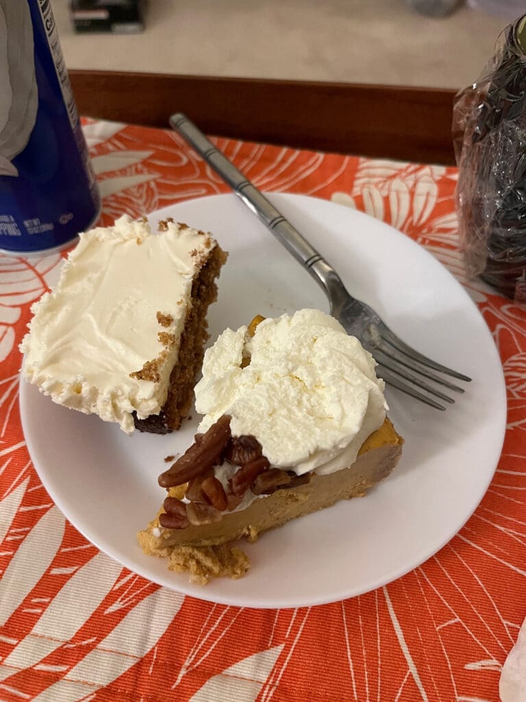 Thanksgiving desserts featuring pumpkin cheesecake and spice cake