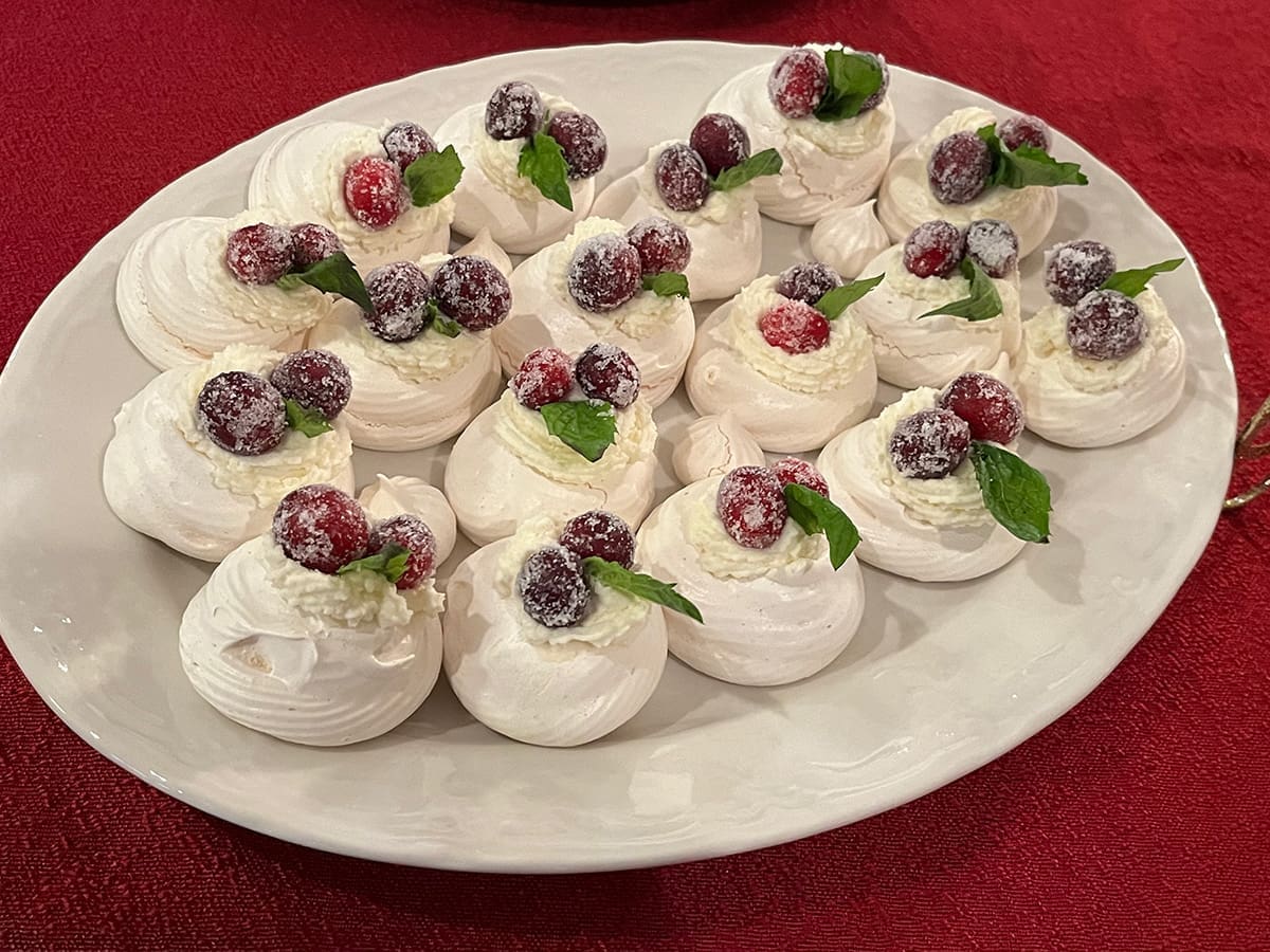Pavlovas with sugared cranberries