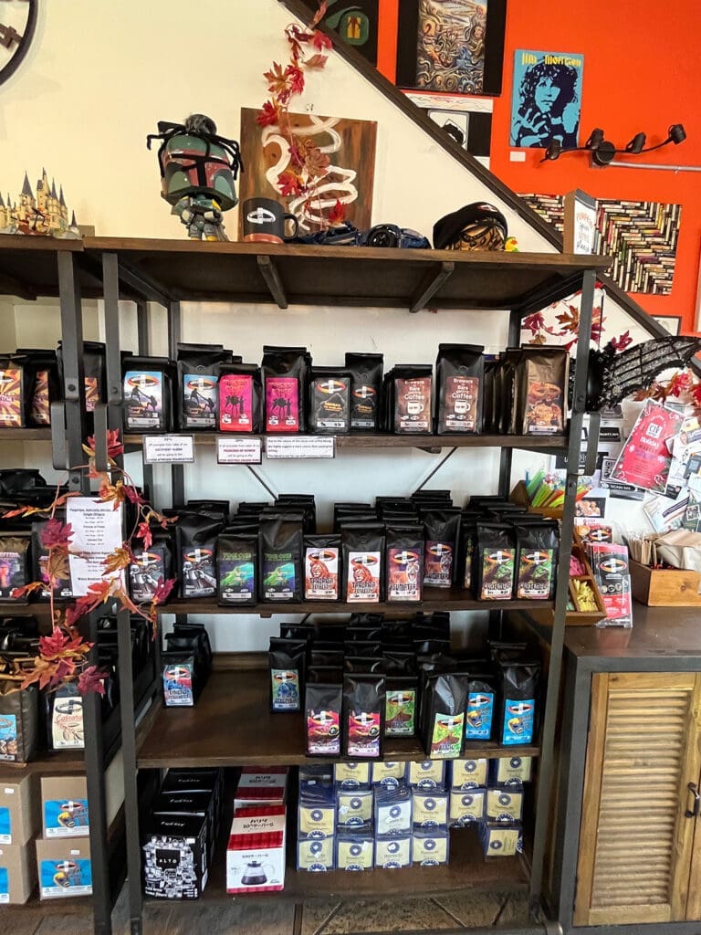 Shelf of coffee bags